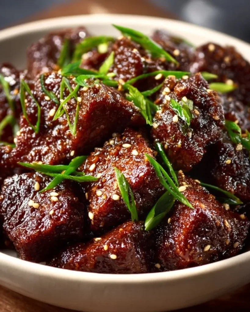 Delicious sweet and sticky steak bites on a white plate.