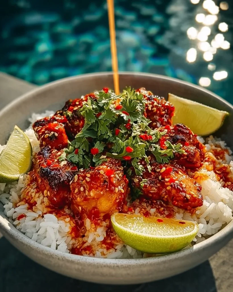 Sweet Chili Chicken Bowl with Coconut Lime Drizzle garnished with fresh herbs