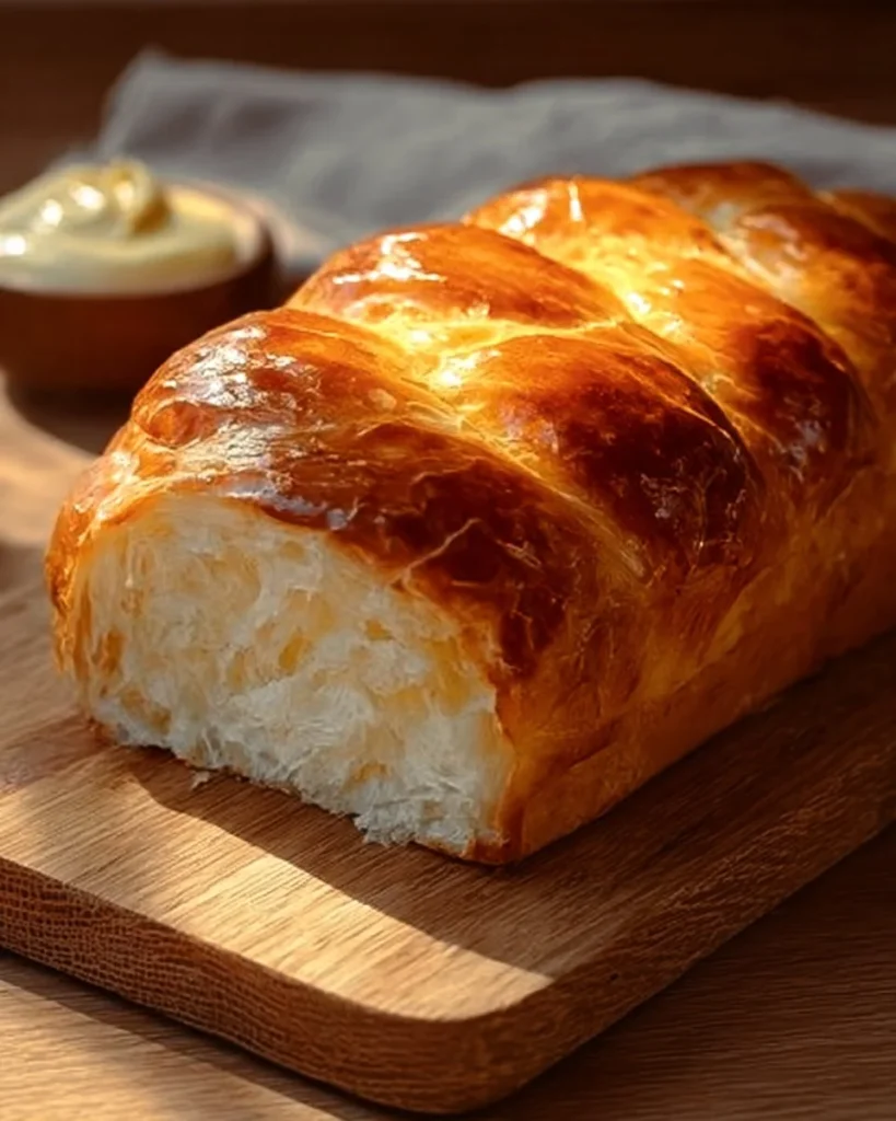 Loaf of sweet condensed milk bread topped with sugar and butter
