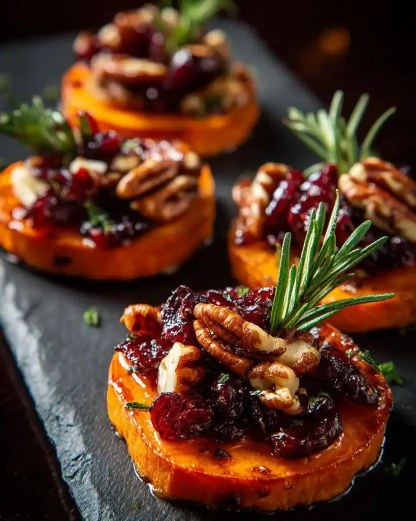 Sweet potato rounds topped with brie, cranberries, and pecans on a platter.