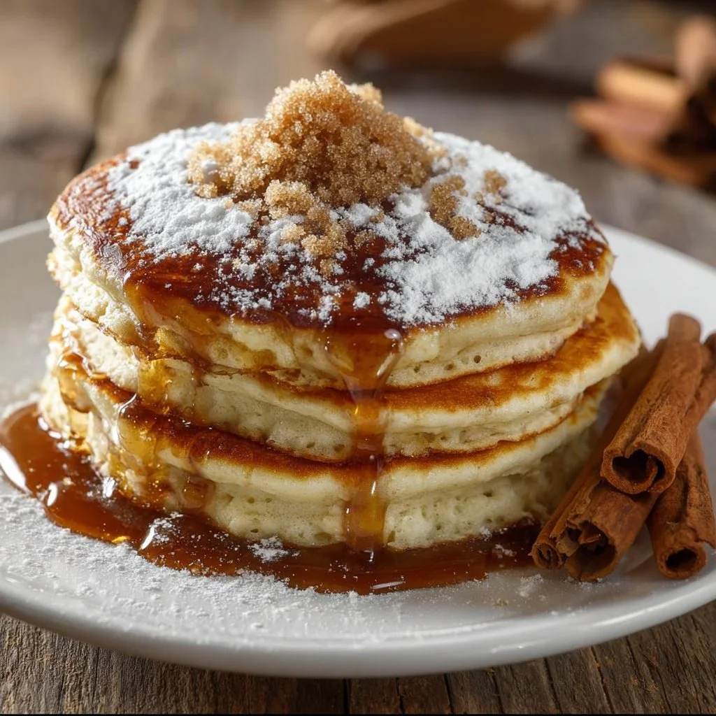 Fluffy vanilla cinnamon buttermilk pancakes served with syrup.
