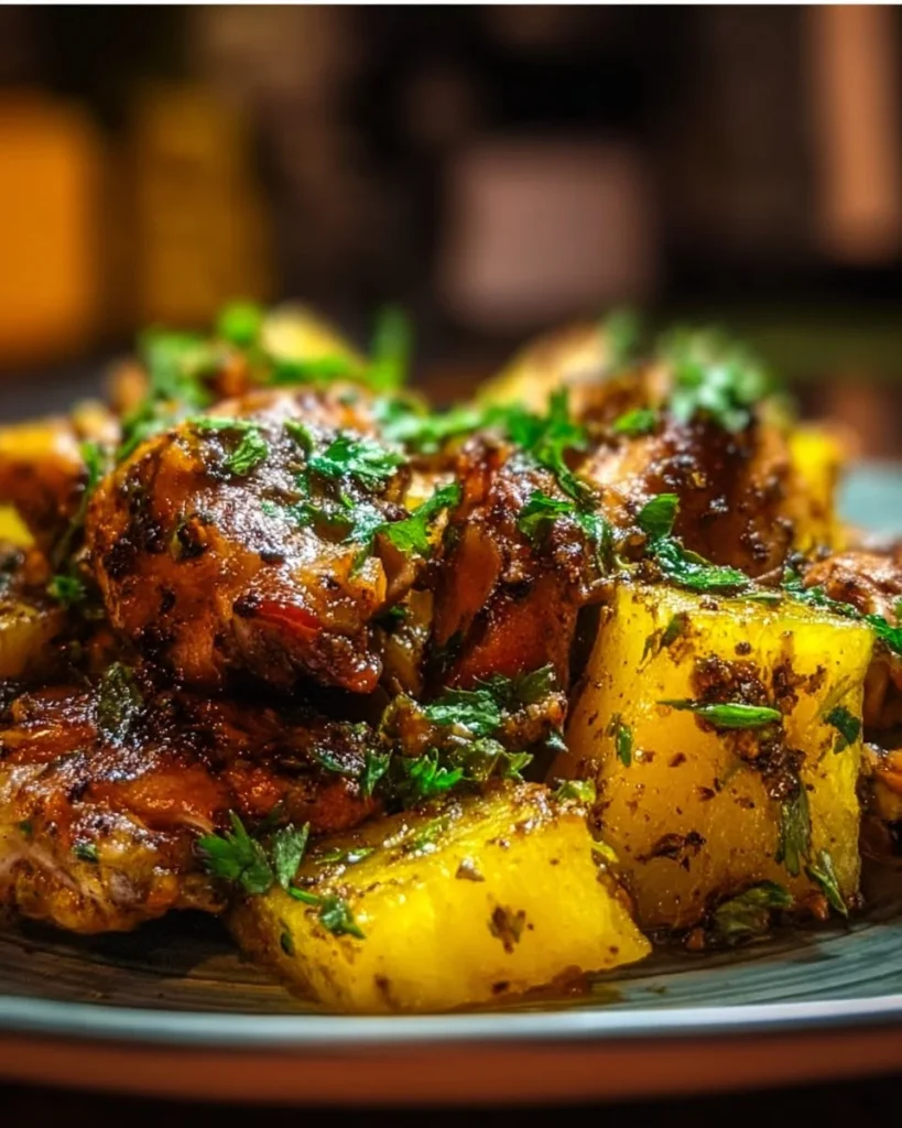 Baked Jamaican Pineapple Jerk Chicken served on a plate with garnishes.