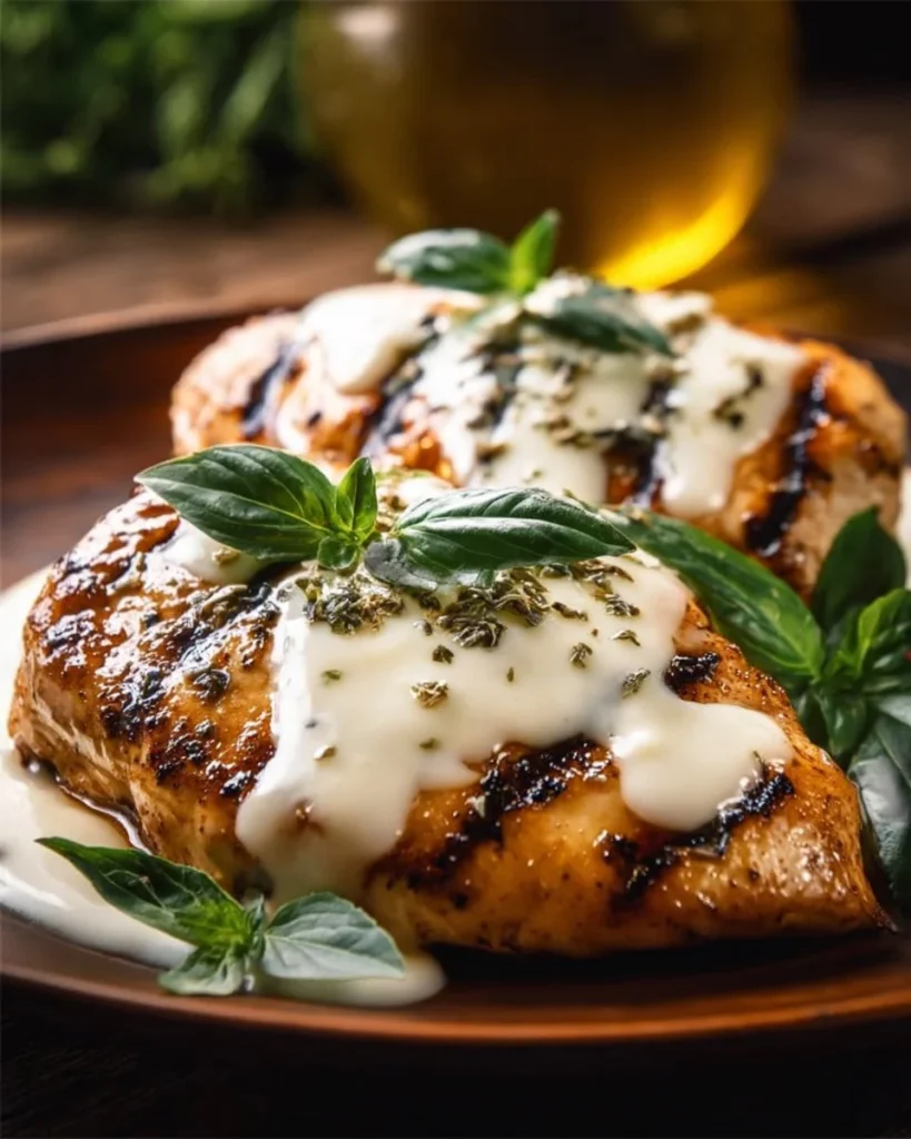 Balsamic baked chicken breast topped with mozzarella cheese on a plate.