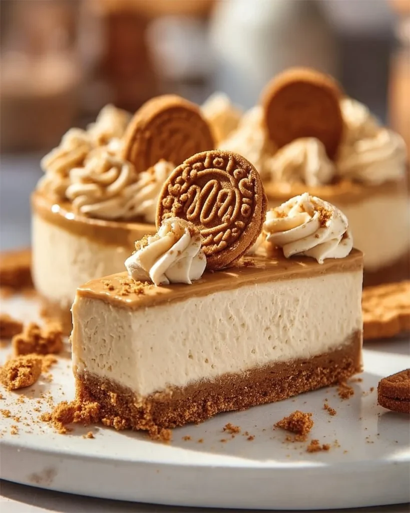 Delicious Biscoff cheesecake topped with cookie butter and caramel drizzle