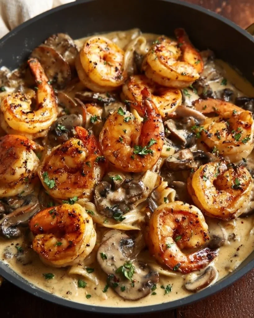 Delicious blackened shrimp stroganoff served in a creamy sauce