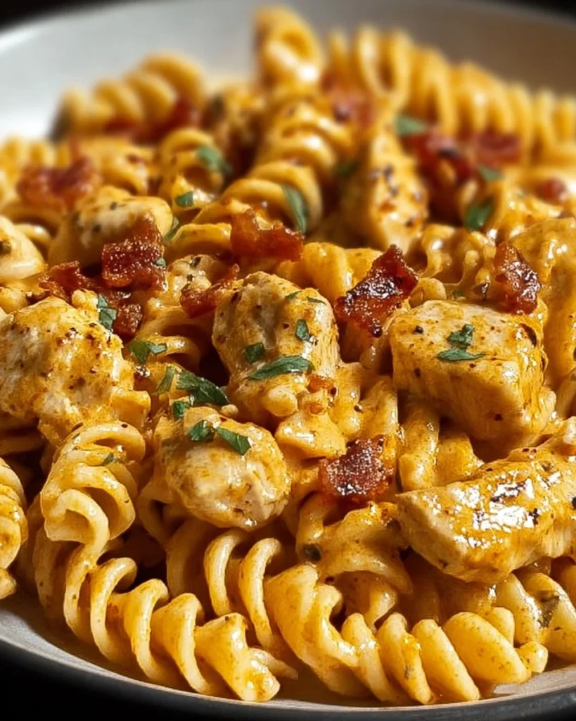 Cajun Cream Cheese Chicken Pasta Bake topped with herbs and cheese