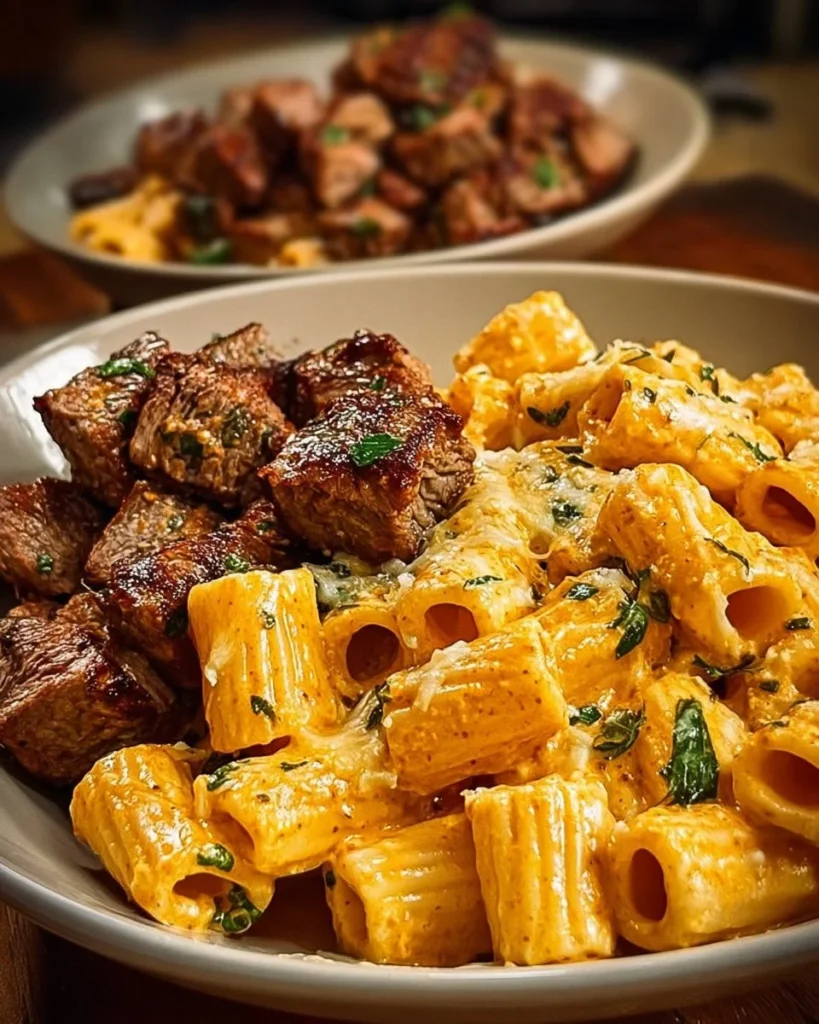 Delicious Cajun Steak Tips served with cheesy rigatoni in a vibrant dish.