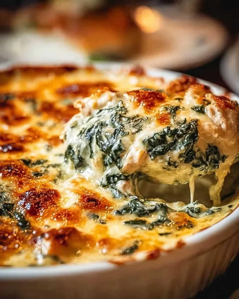 Delicious Chicken and Spinach Casserole served in a baking dish