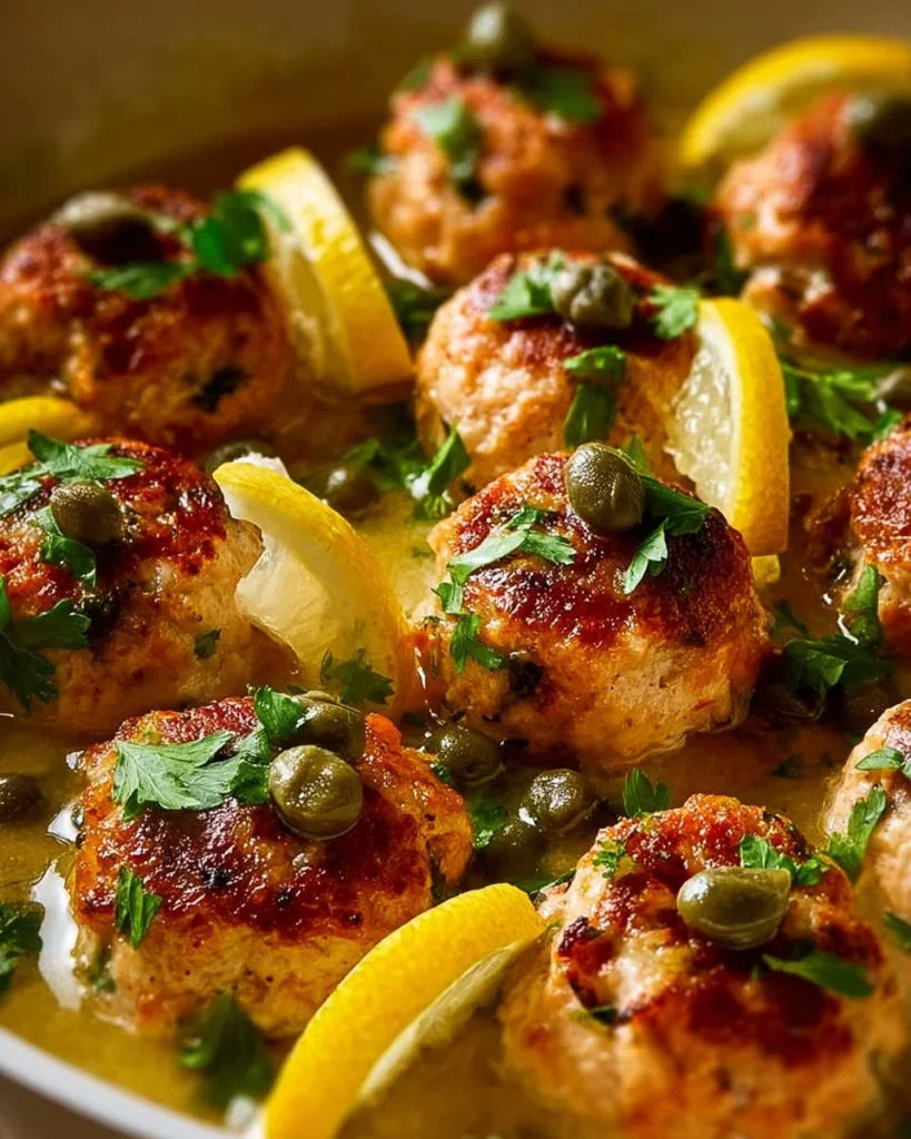 Plate of Chicken Piccata Meatballs in lemon-caper sauce with herbs