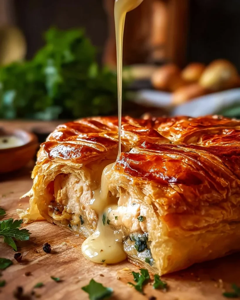 Delicious Chicken Wellington served with a side of vegetables.