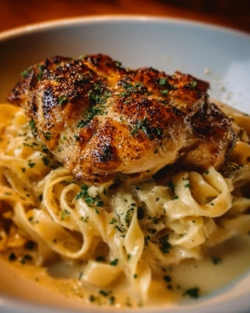 Plate of Chicken with Buttered Noodles garnished with herbs