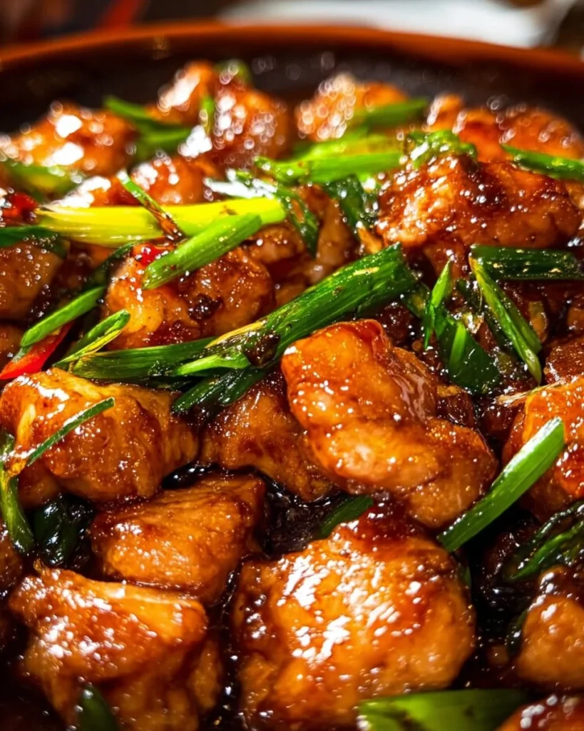 Delicious Chinese scallion chicken dish served on a plate with herbs.
