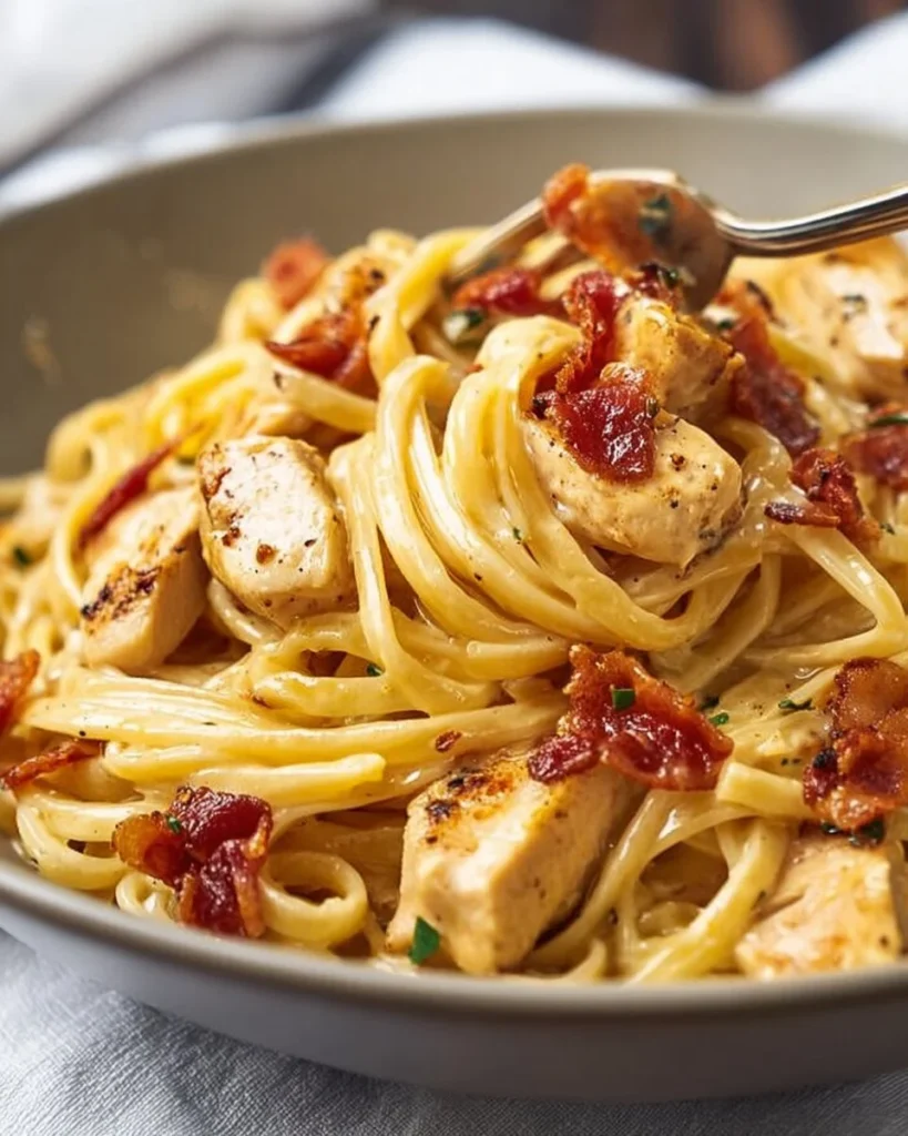 Plate of creamy carbonara with crispy chicken and bacon topping