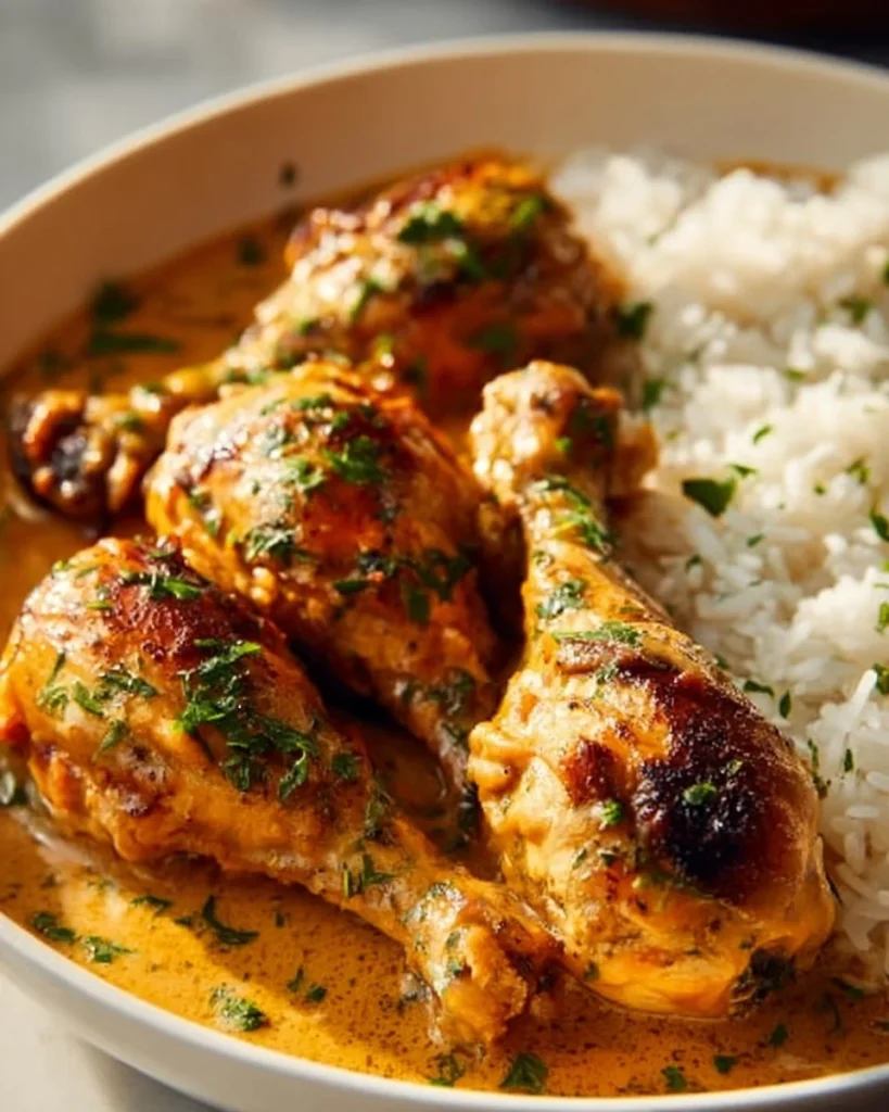 Creamy paprika chicken drumsticks served with steamed rice on a plate.