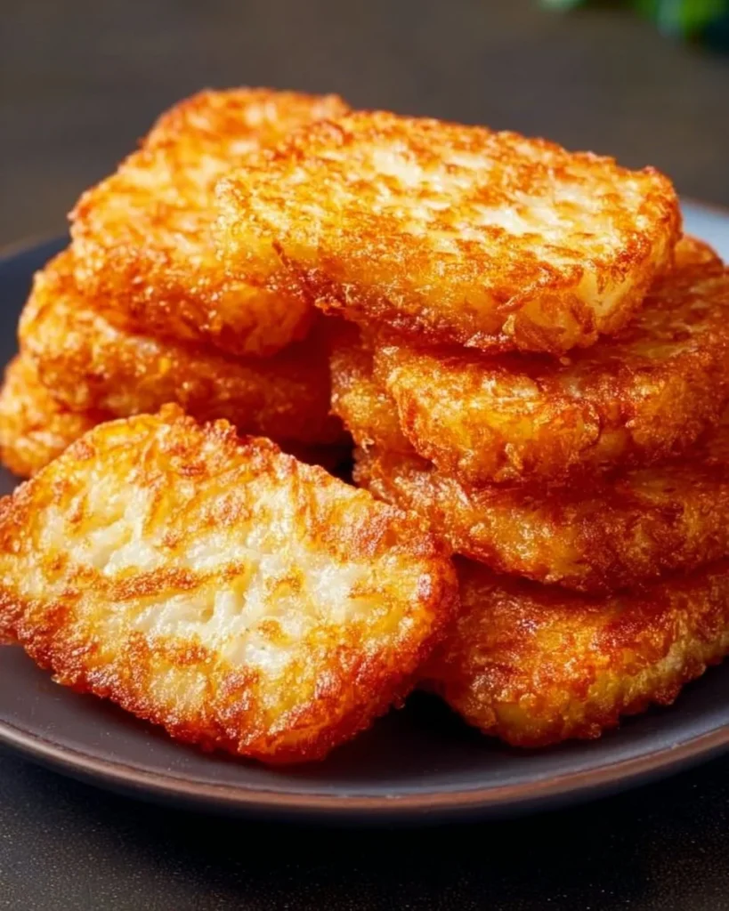 Plate of crispy homemade hash browns served golden brown.