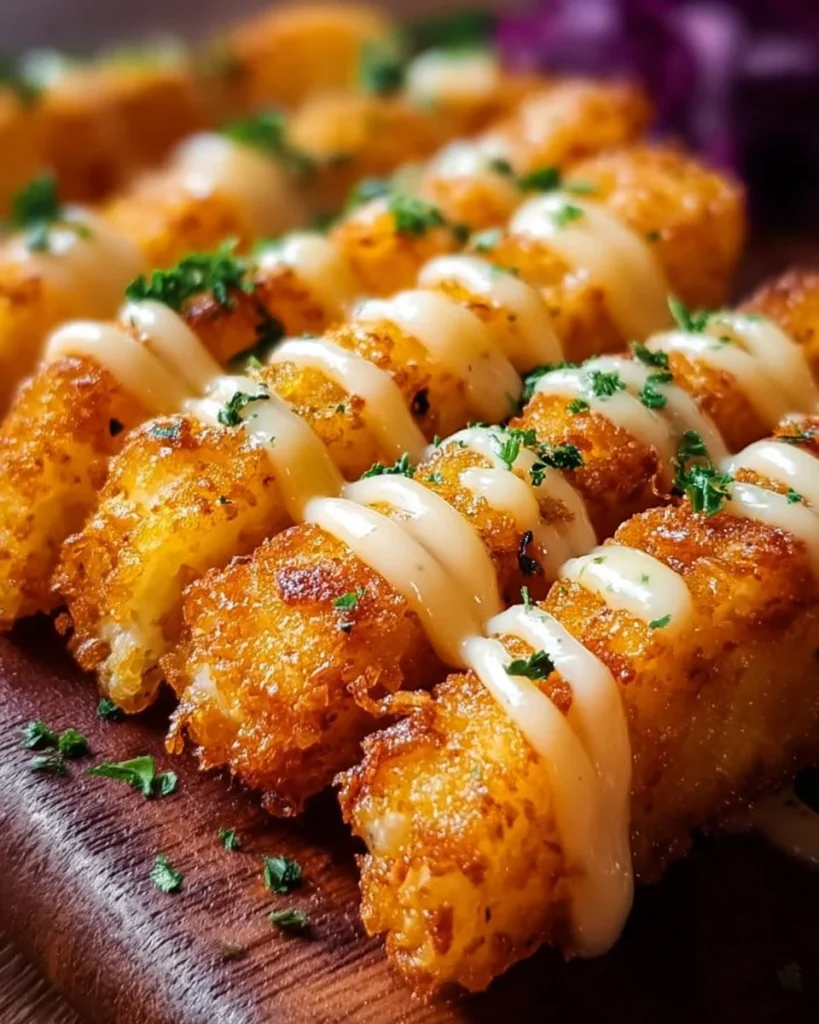 Crispy Hungarian Potato Cheese Sticks served with dipping sauce on a wooden plate.