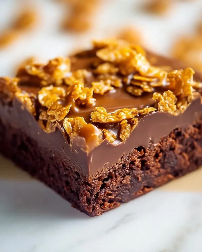 Decadent caramel cornflake brownies topped with sweet caramel drizzle.