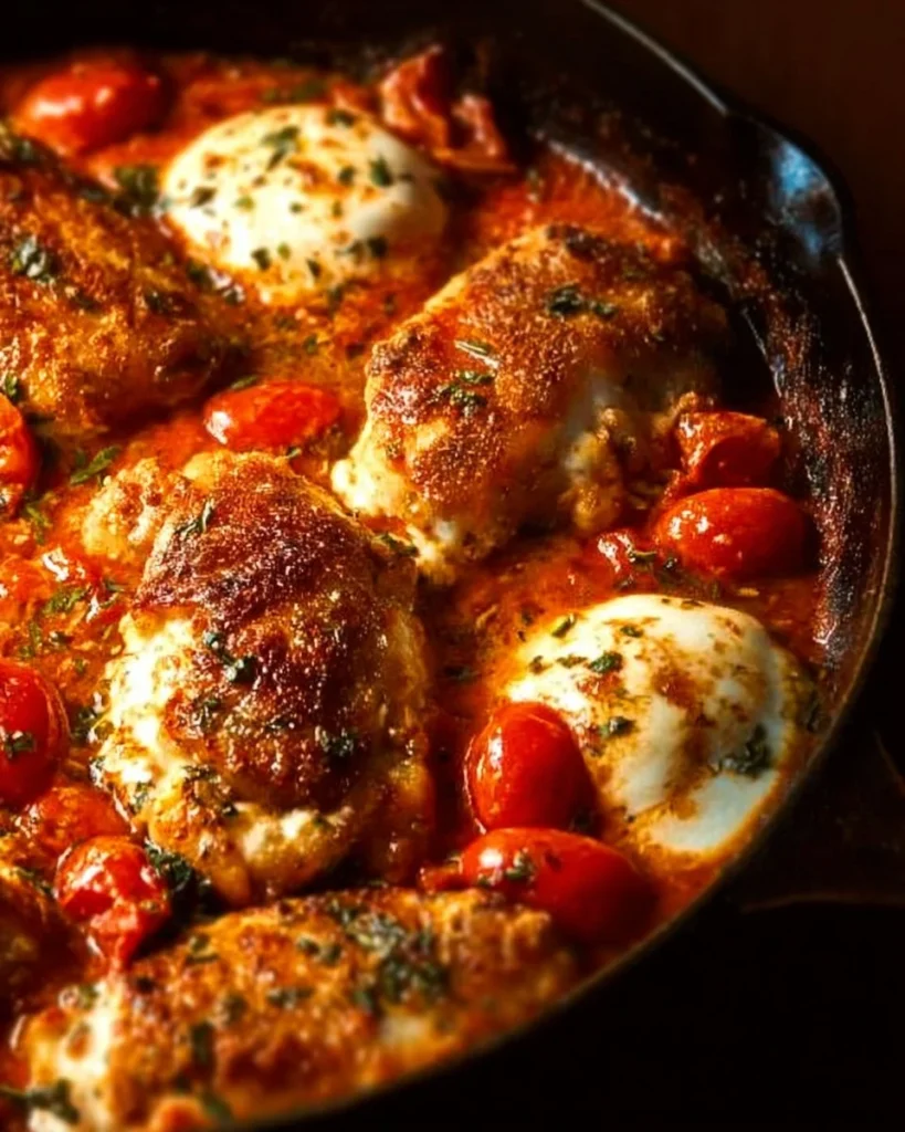 Garlic Tomato Chicken with Mozzarella served on a plate, garnished with fresh herbs.