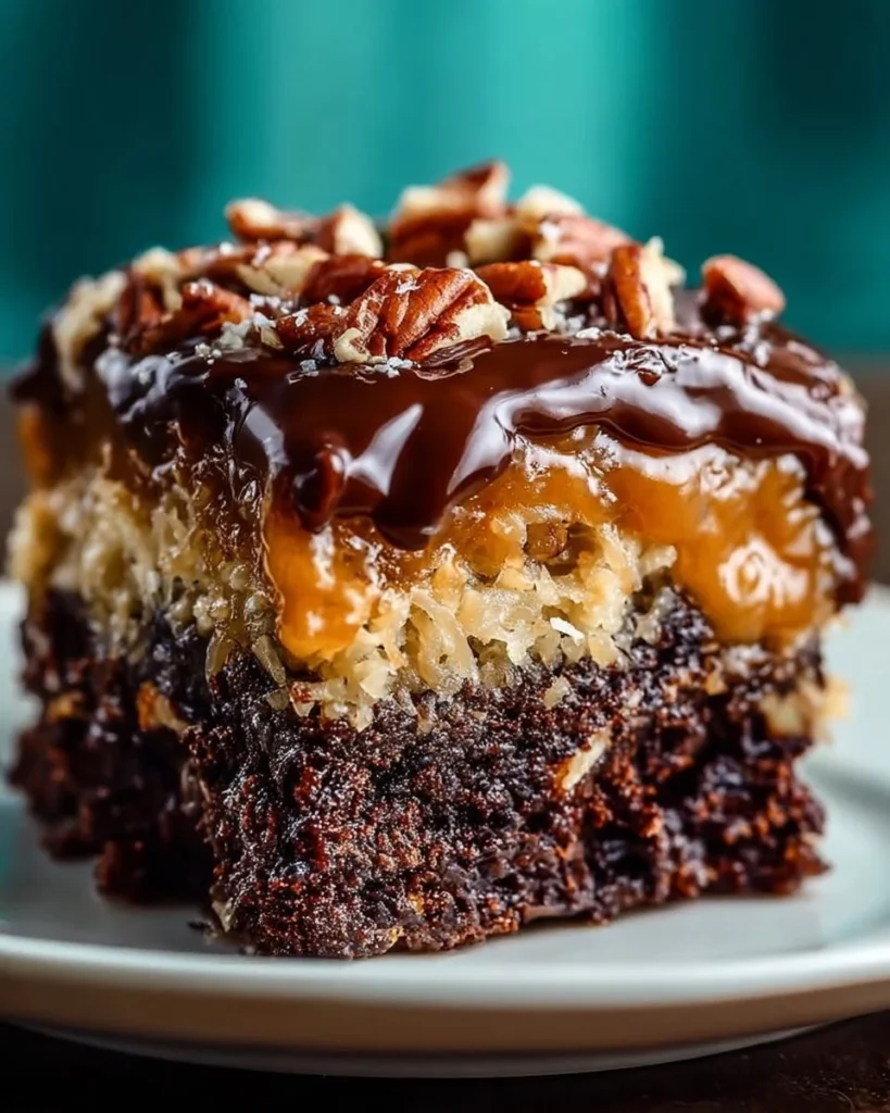 Delicious slice of German Chocolate Poke Cake topped with coconut and pecan frosting.