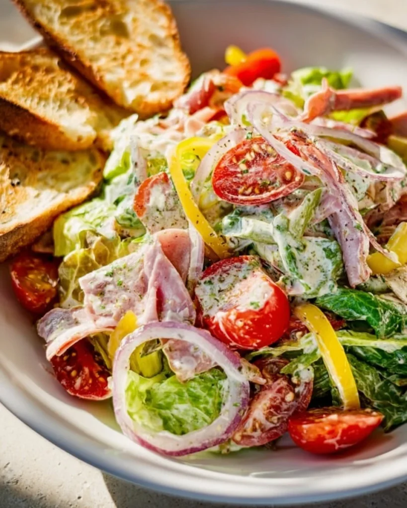 A colorful bowl of Grinder Salad with fresh vegetables and savory dressing.
