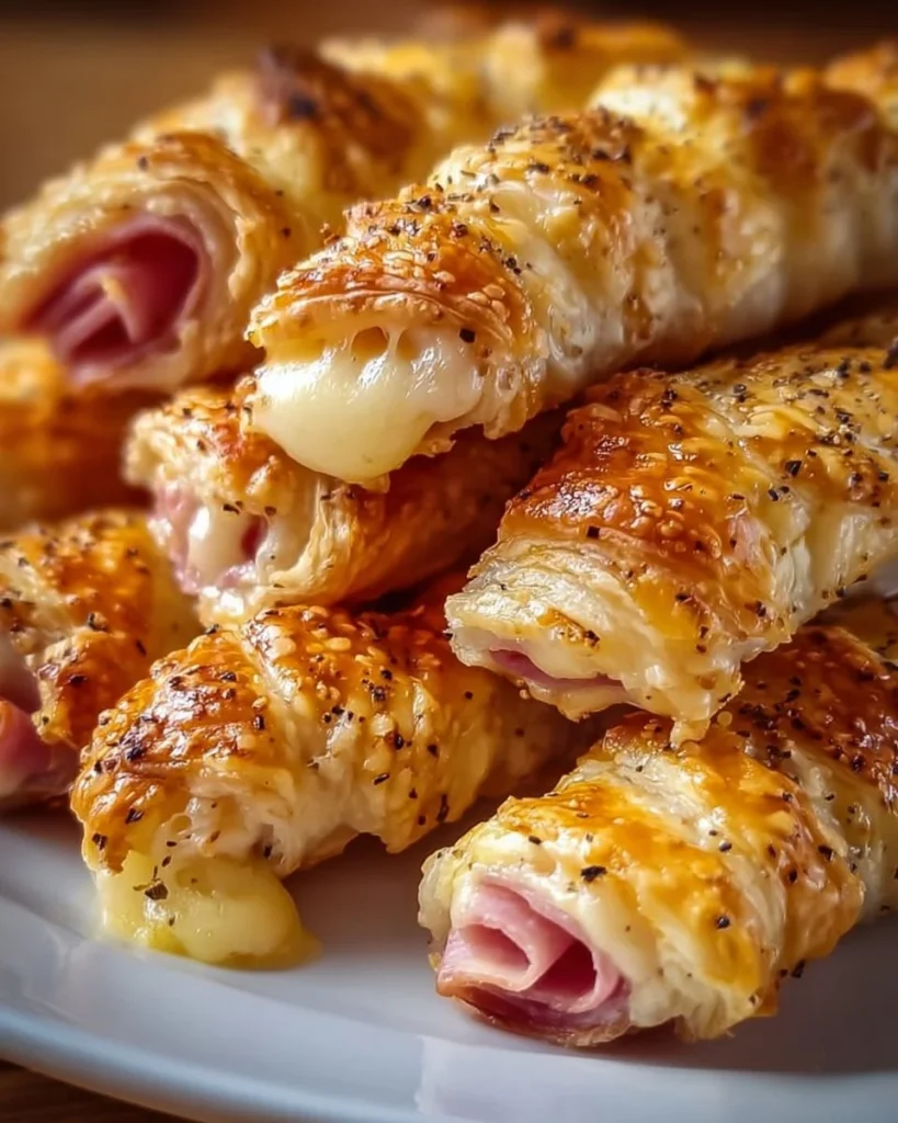 Delicious homemade Ham and Cheese Sticks served on a white plate
