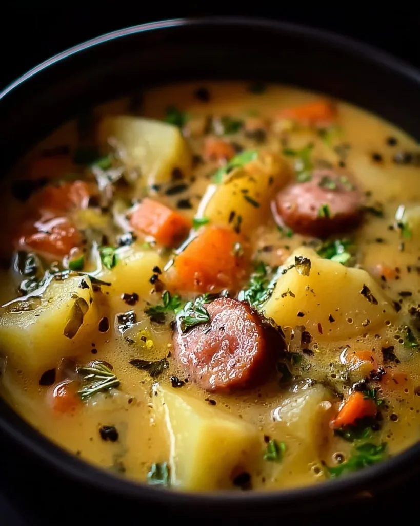 Hearty sausage and wild rice stew in a bowl, topped with herbs.