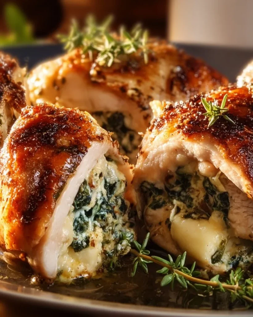 Herbed Ricotta Stuffed Chicken Rolls plated with herbs and spices.