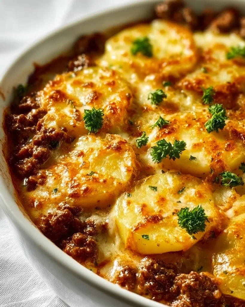 Delicious Hobo Casserole featuring ground beef and potatoes in a cozy dish