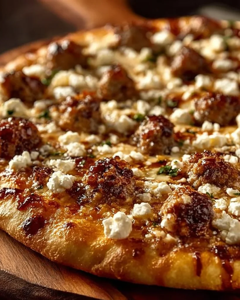 Delicious hot sausage pizza with feta cheese and honey drizzle