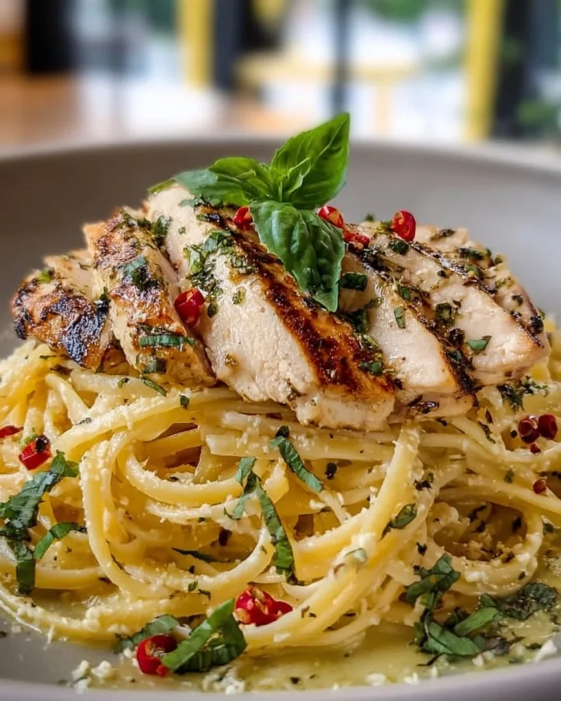 Lemon Basil Chicken Linguine dish with fresh ingredients and vibrant colors.