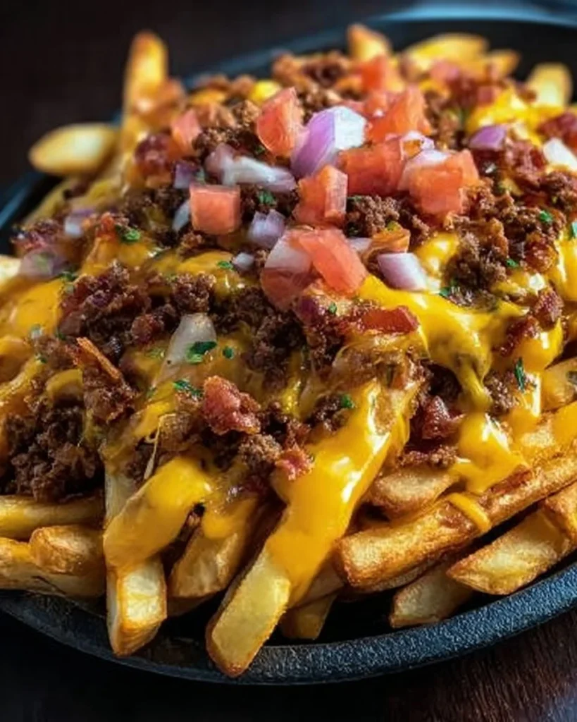 Plate of loaded chili cheese fries topped with chili and melted cheese.