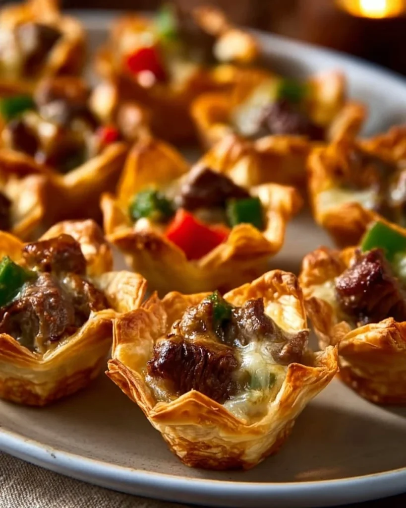 Mini steak and cheese cups served on a platter for appetizers.