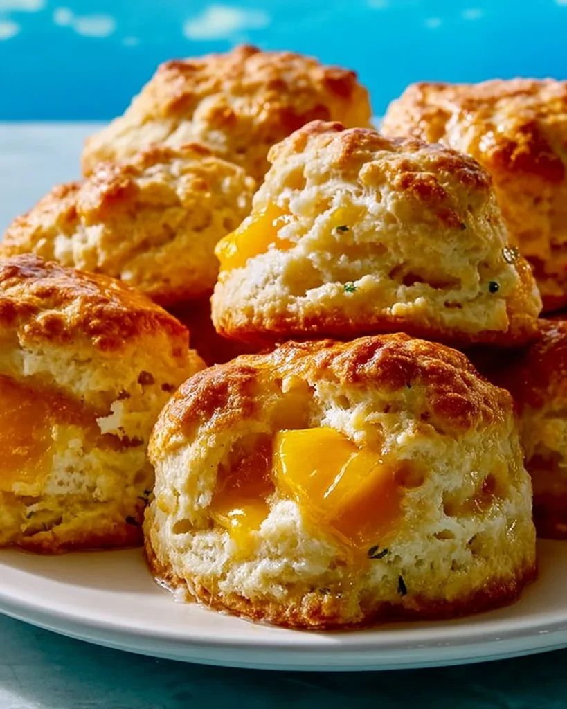 Freshly baked peach butter swim biscuits on a wooden table