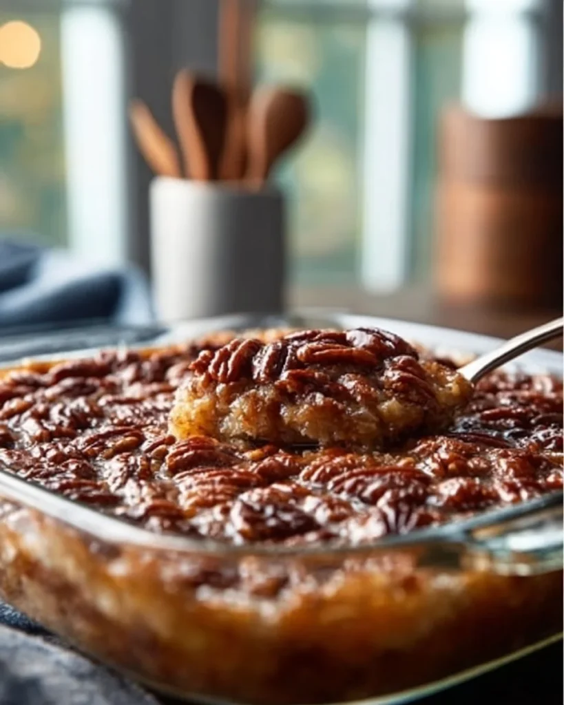 Pecan Pie Dump Cake served on a plate with whipped cream