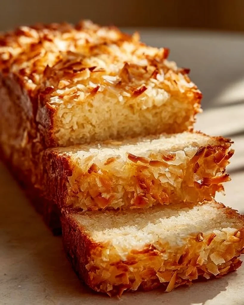 Delicious slice of homemade Pineapple Coconut Bread garnished with coconut flakes.