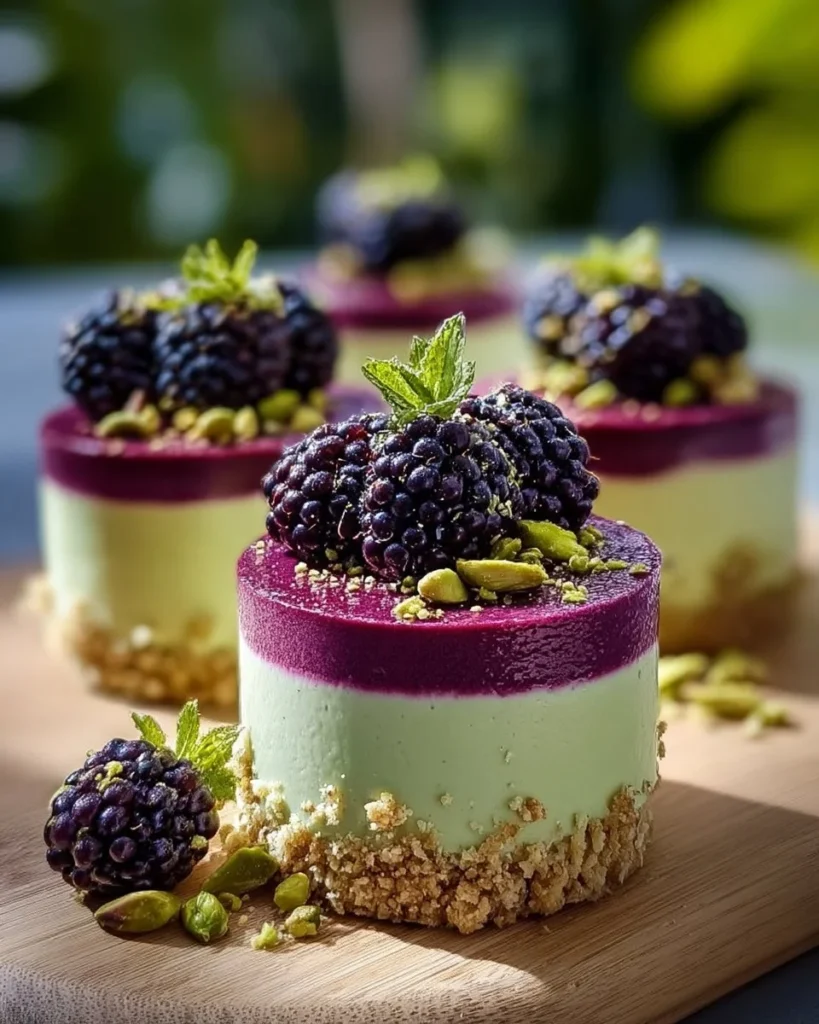 Pistachio and blackberry cheesecake towers beautifully arranged on a dessert table.