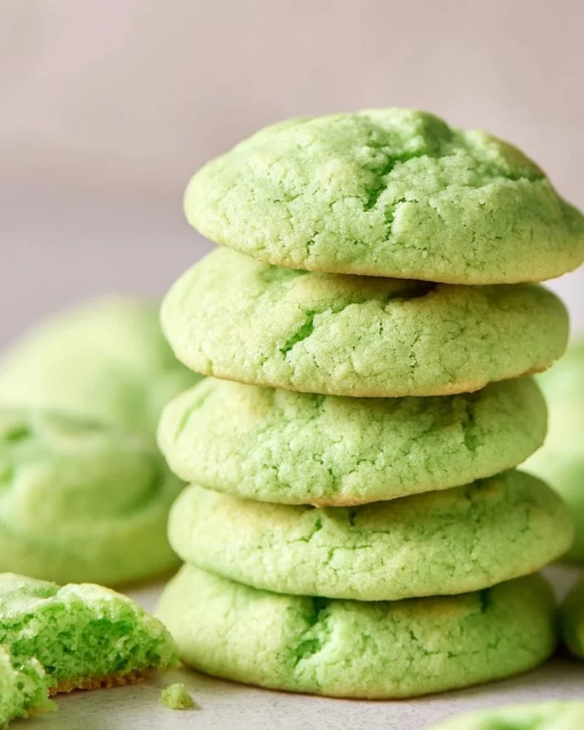 Freshly baked pistachio pudding cookies on a cooling rack.