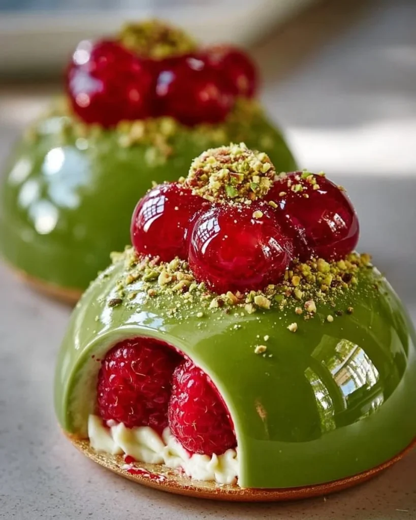 Pistachio and raspberry cheesecake domes on a decorative plate.