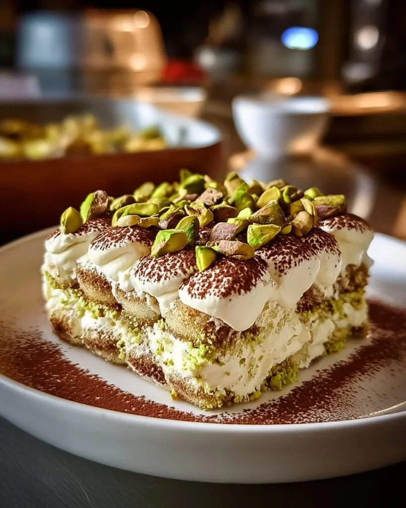 Delicious Pistachio Tiramisu dessert with layers of creamy mascarpone and crushed pistachios.