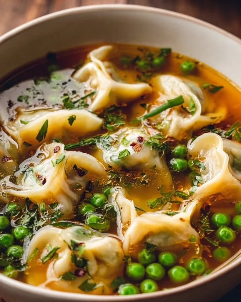 Bowl of flavorful Potsticker Soup with dumplings and vegetables