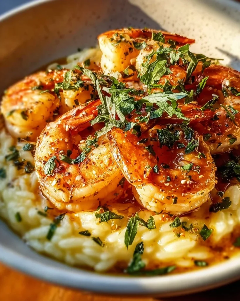 Quick shrimp orzo in lemon garlic sauce served in a bowl