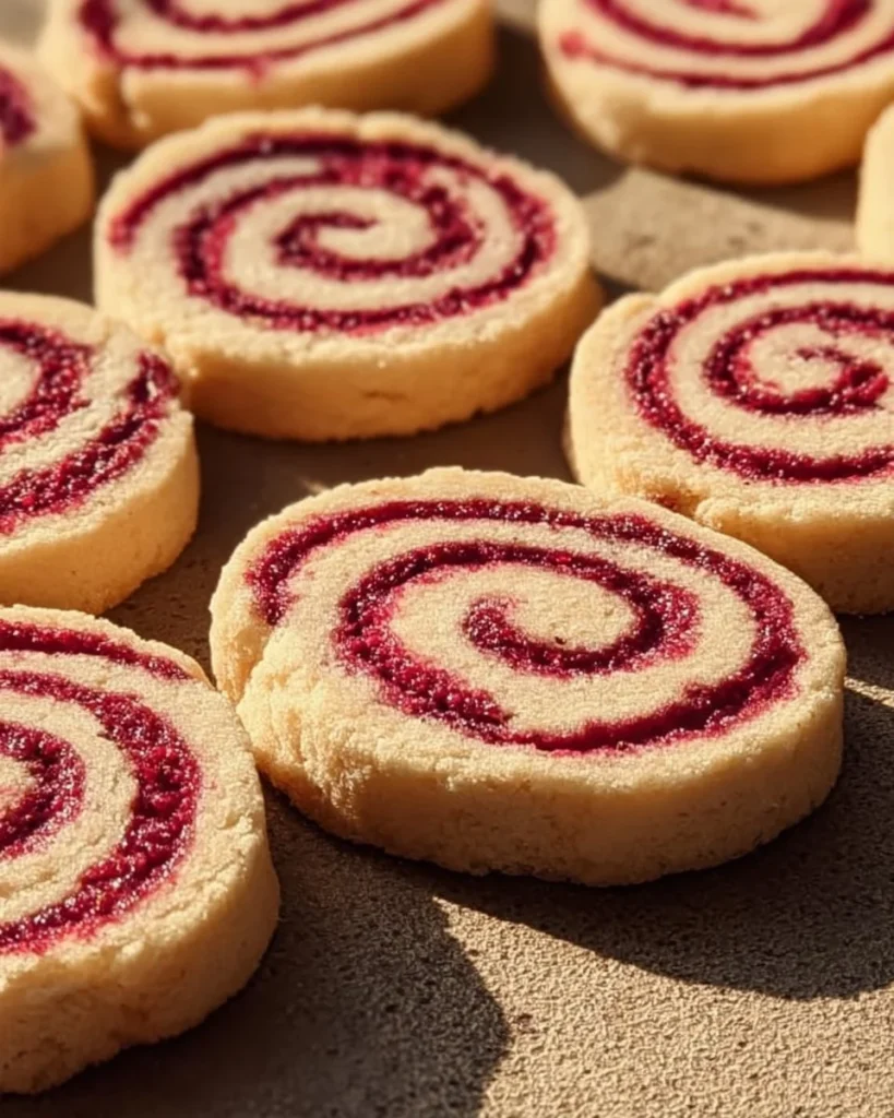 Delicious Raspberry Swirl Shortbread cookies on a wooden platter