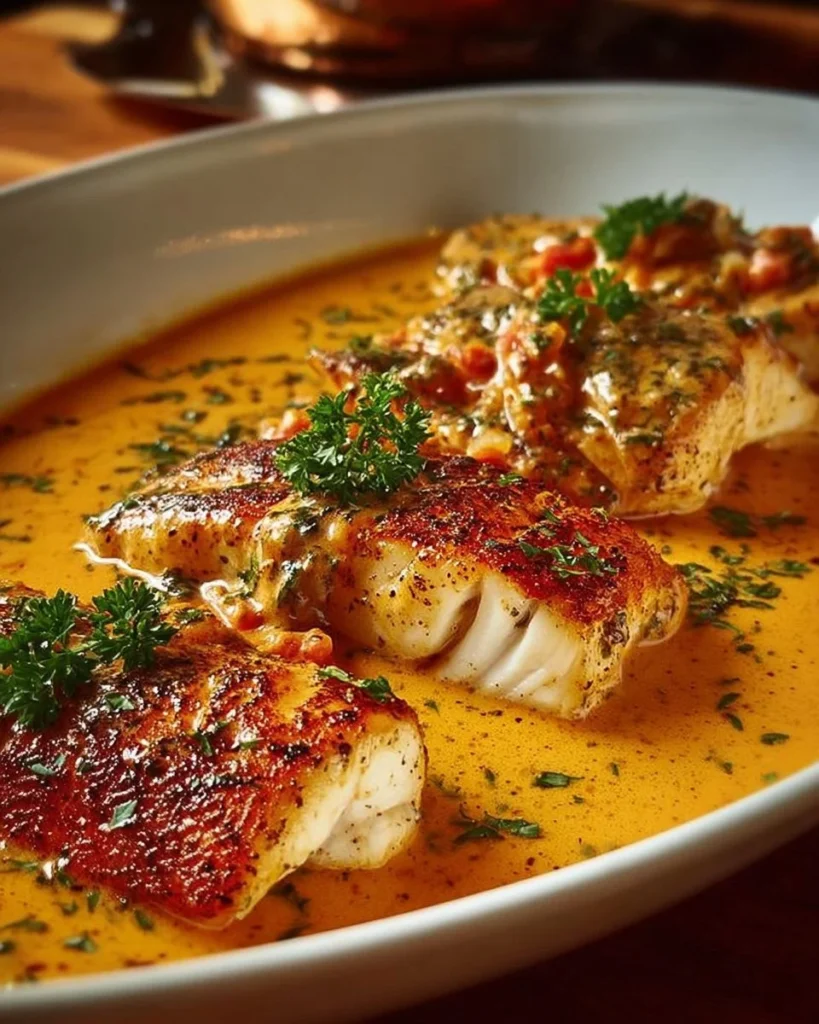 Red Snapper fillet served in a rich Creole cream sauce with herbs.