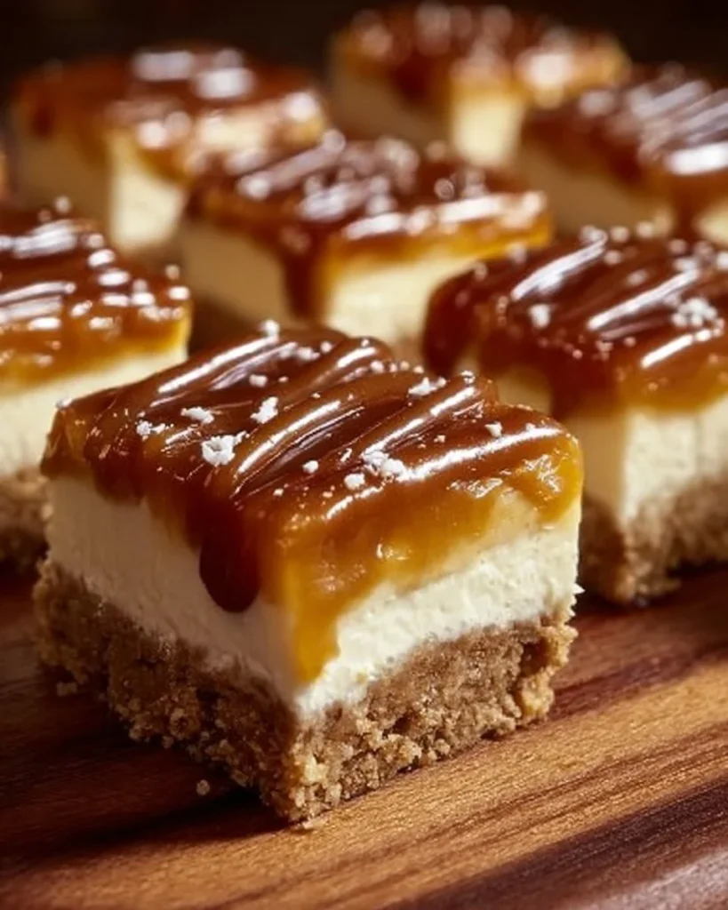Delicious salted caramel pretzel cheesecake bars on a plate