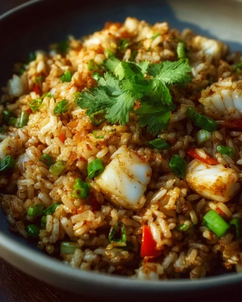 Plate of savory authentic Thai fried rice with vibrant vegetables and herbs