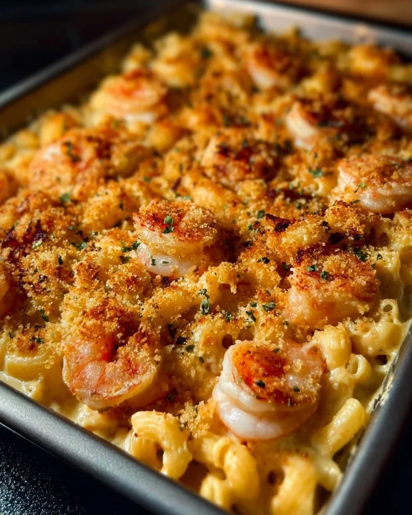 Delicious Seafood Mac & Cheese Bake topped with seafood and golden cheese crust.