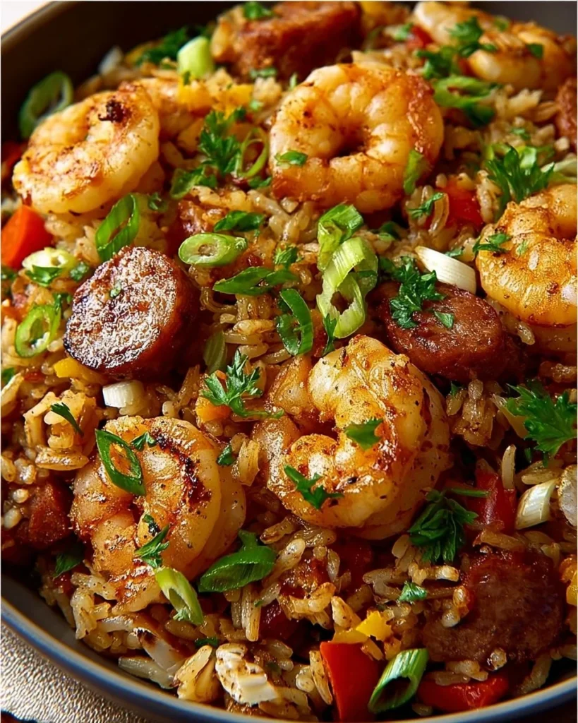 Delicious Shrimp Dirty Rice served in a skillet with vibrant vegetables