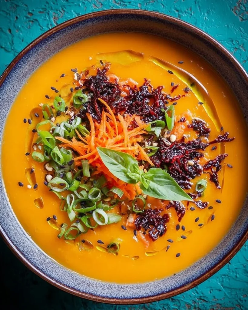 Bowl of spicy miso carrot soup garnished with fresh herbs and chili flakes.