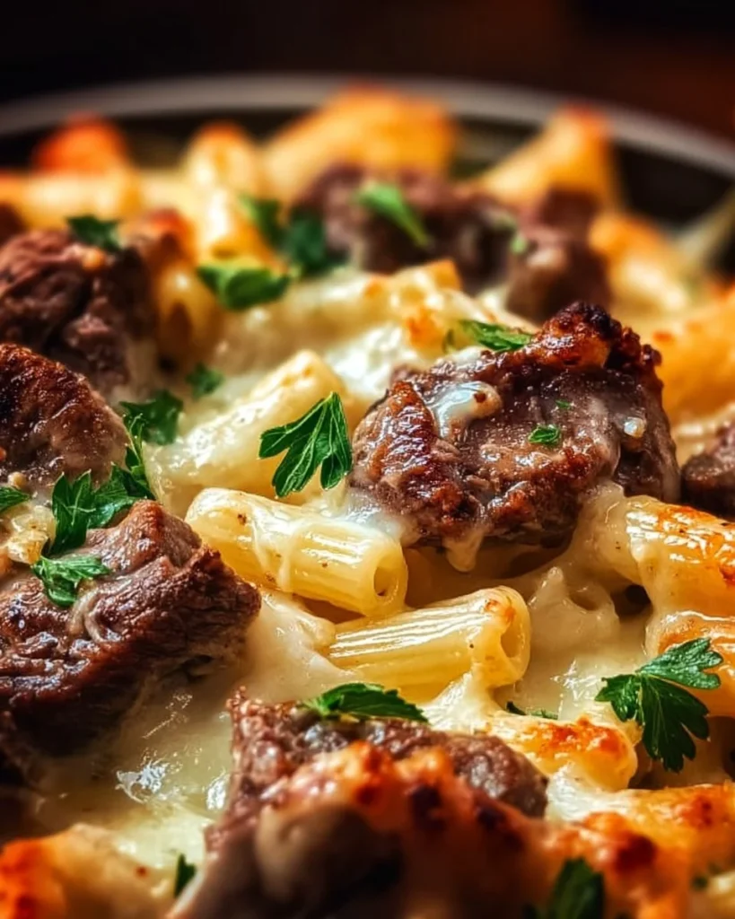 Delicious Steak & Truffle Gouda Pasta Bake ready to serve.