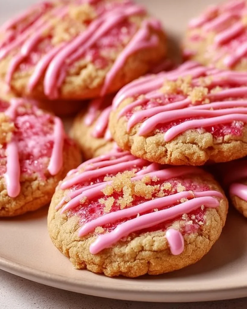 Delicious strawberry crunch cookies topped with strawberry pieces and crunchy bits